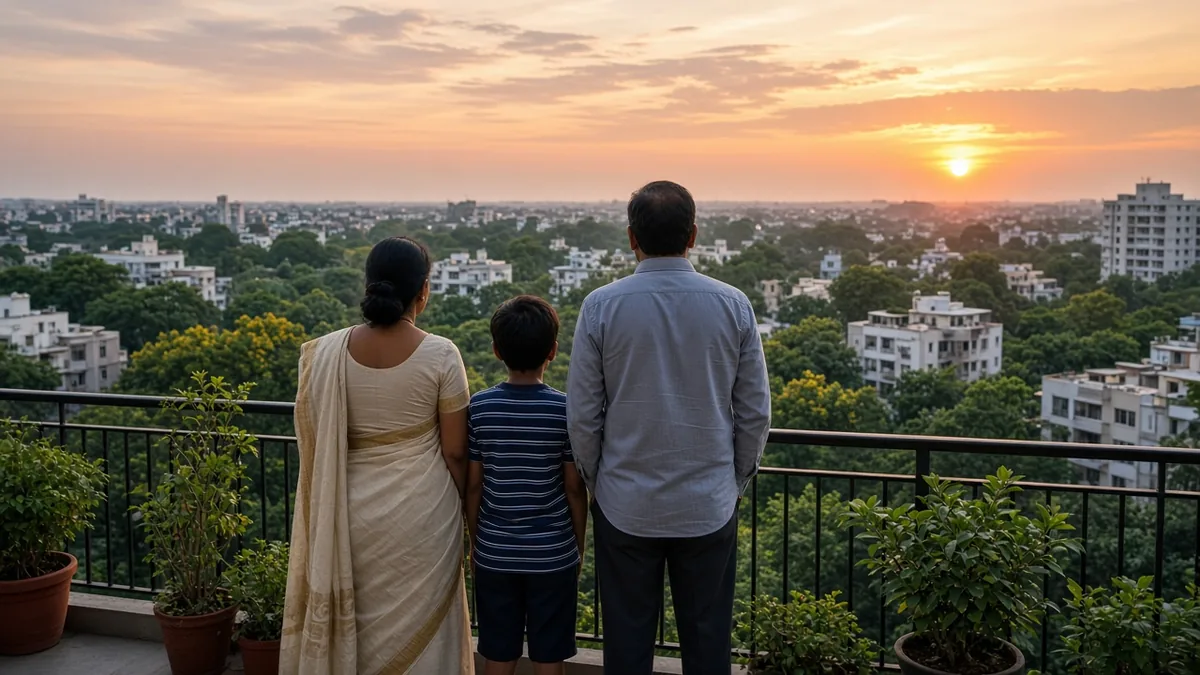 Family on a balcony watching the sun set over Bengaluru rooftops