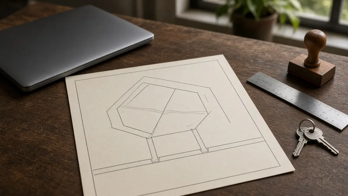 Architect's sketch of a jointly owned plot marked into pieces, beside a laptop and keys