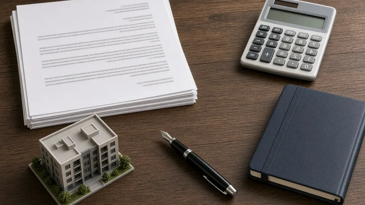 Calculator, notebook, fountain pen and a stack of papers beside a small apartment model