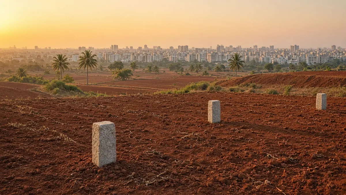Red soil land with survey stones marking plots