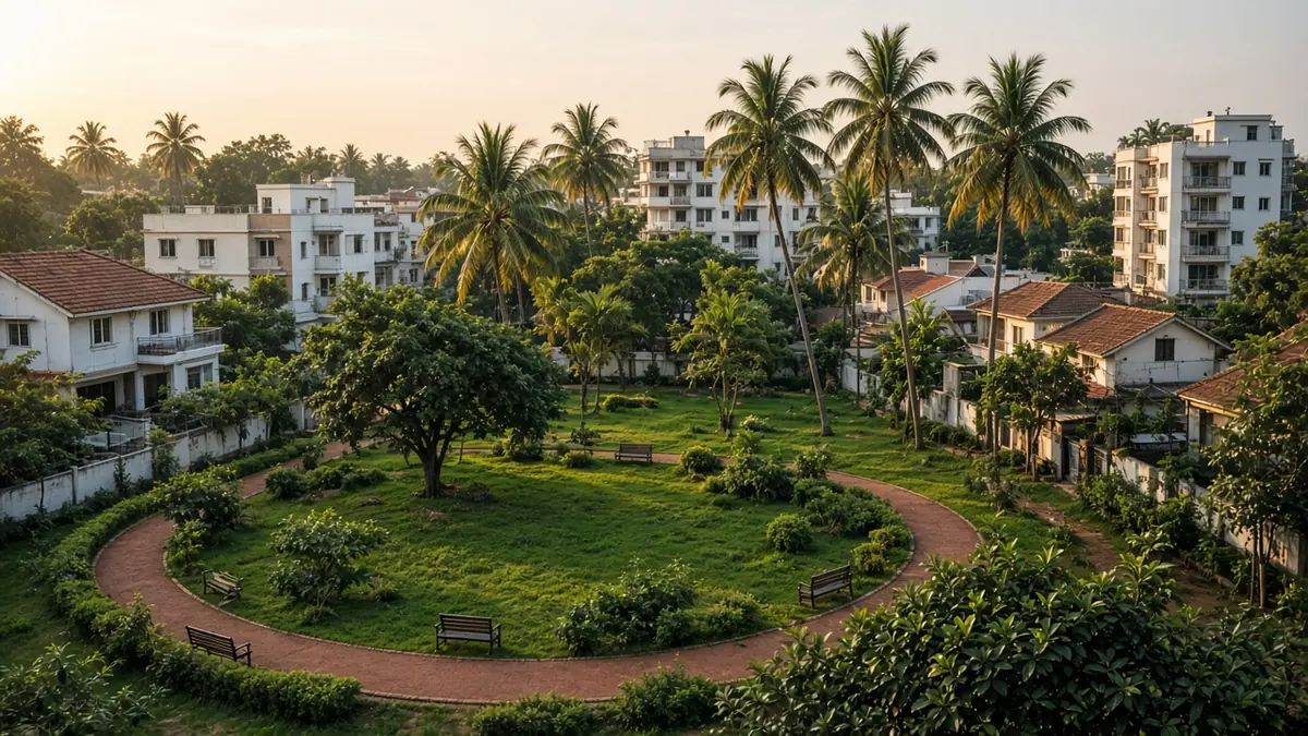 Banashankari park with palm trees, lawns and surrounding houses