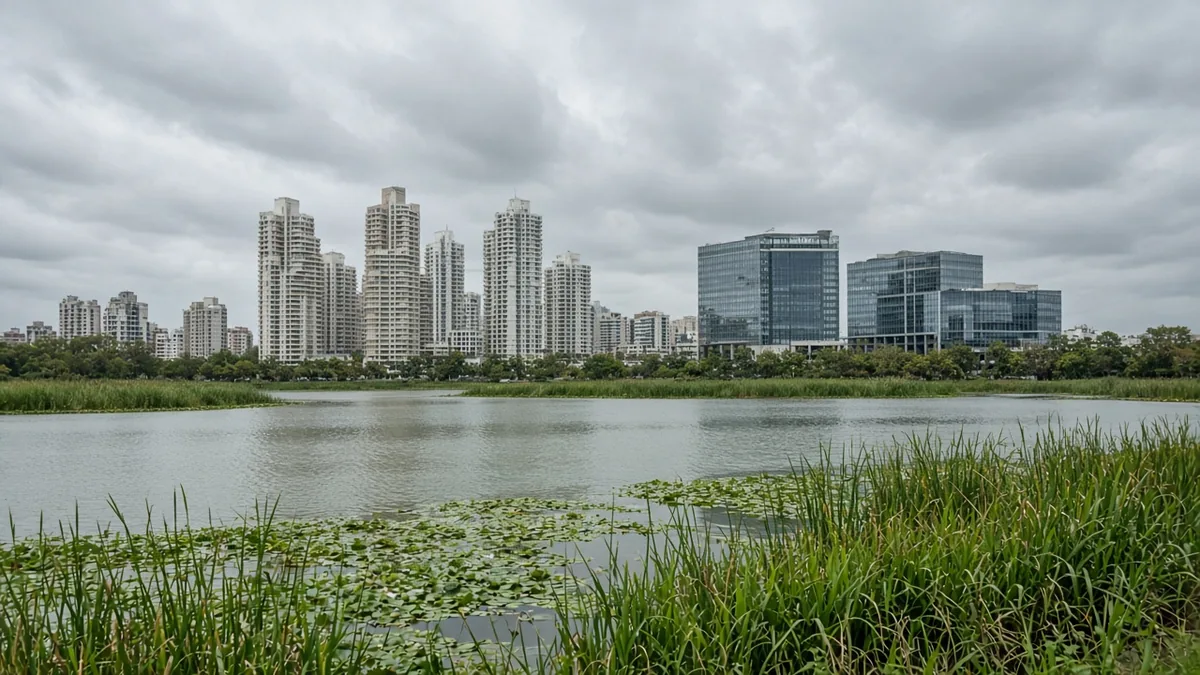 Bellandur lake edge with water hyacinth and office towers beyond