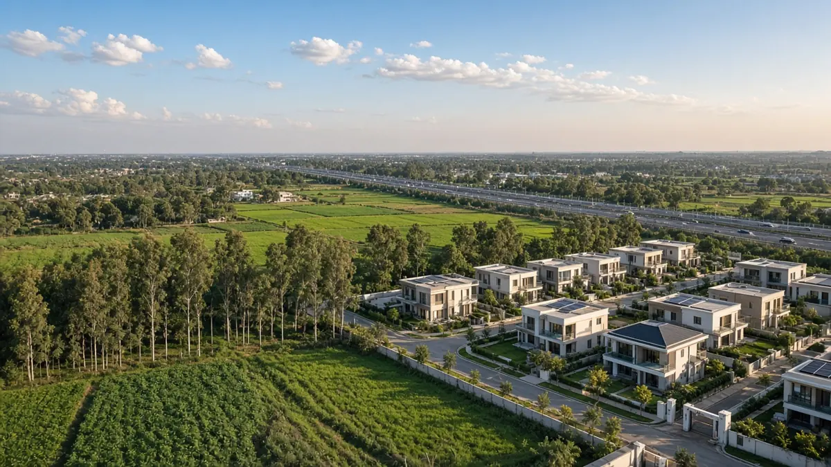 Villas and green fields seen from above near Devanahalli