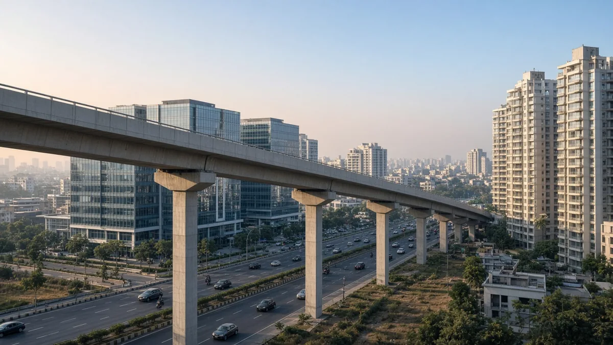 Elevated expressway past office blocks and apartment towers in Electronic City