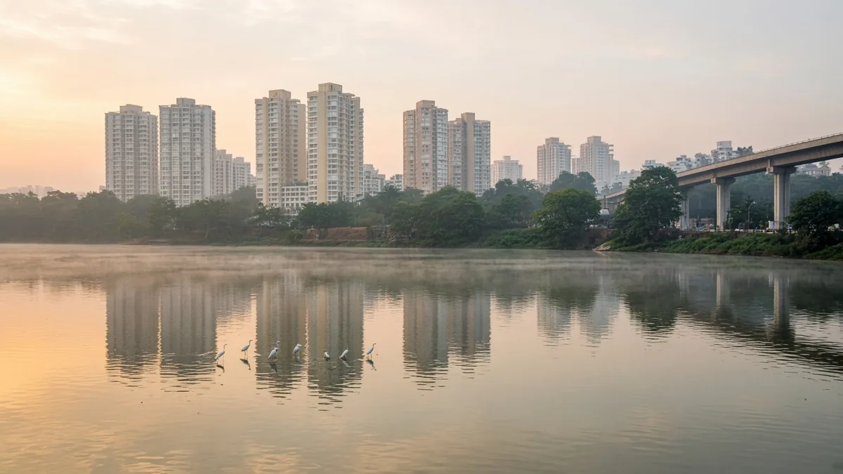 Lake at sunrise with apartment towers reflected near Hebbal