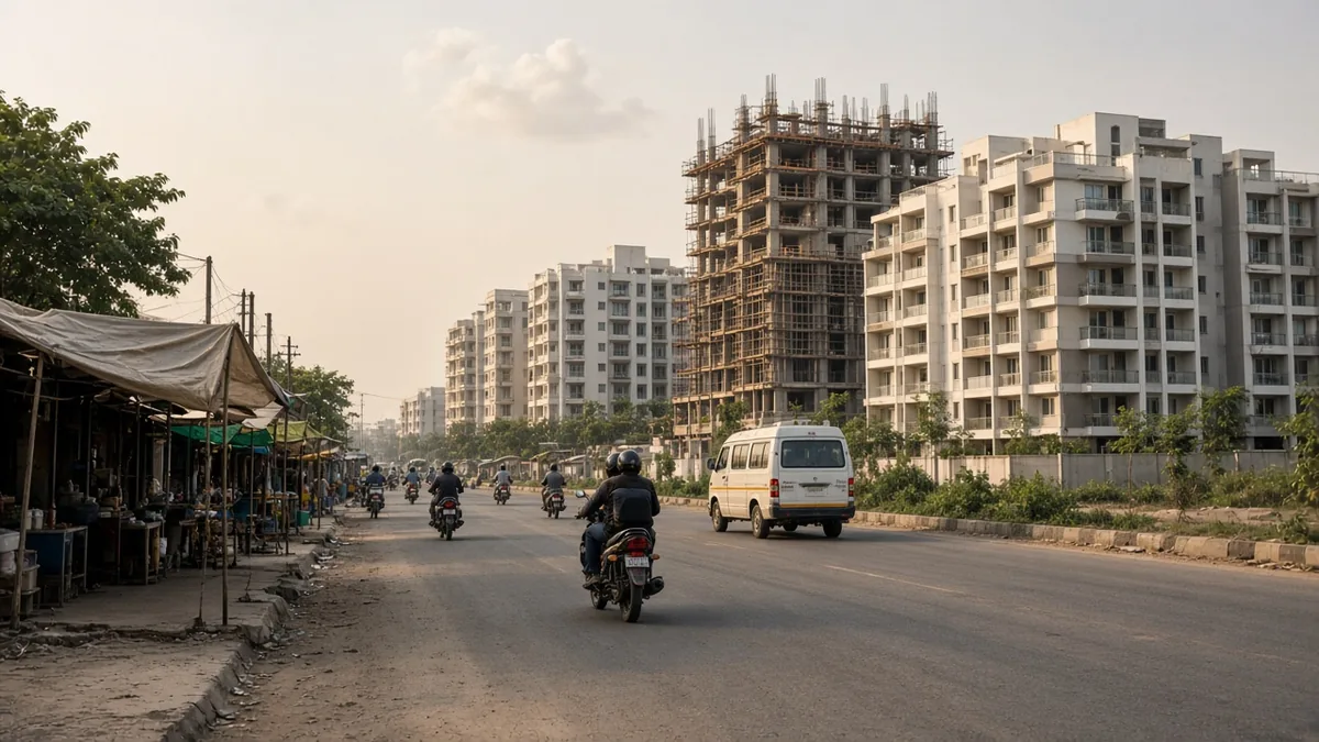 Hennur road with roadside stalls and new apartment buildings