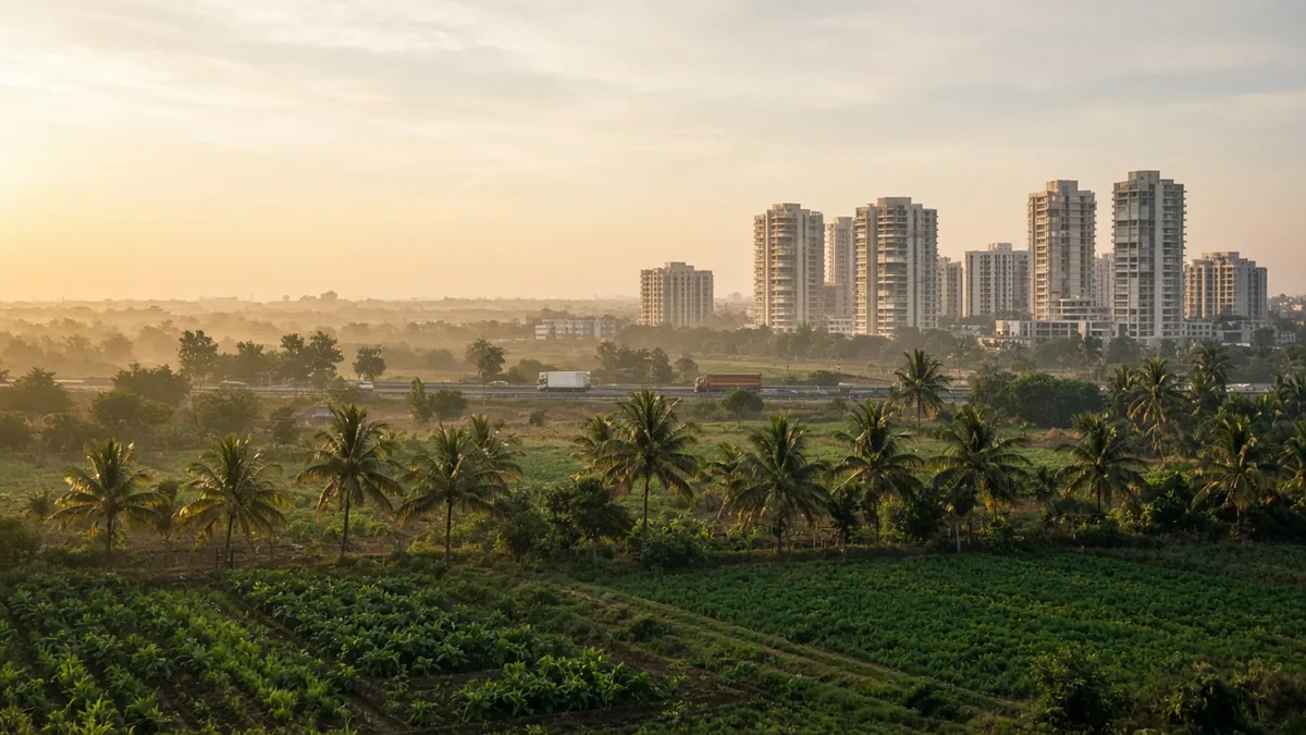 Farmland in the foreground with apartment towers on the horizon near Hoskote