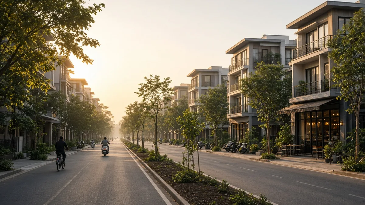 Wide HSR Layout road with cycle lane, trees and apartments at sunrise