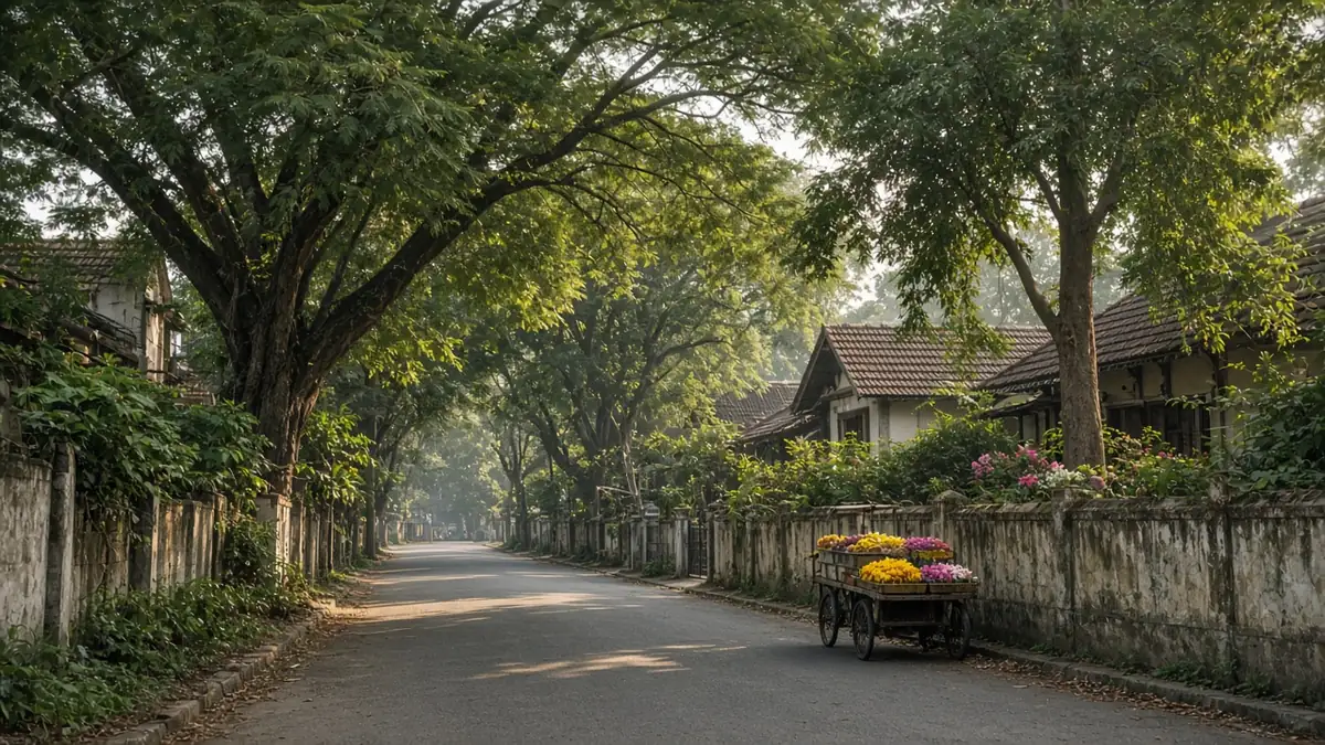 Shaded Jayanagar street lined with large old trees and houses