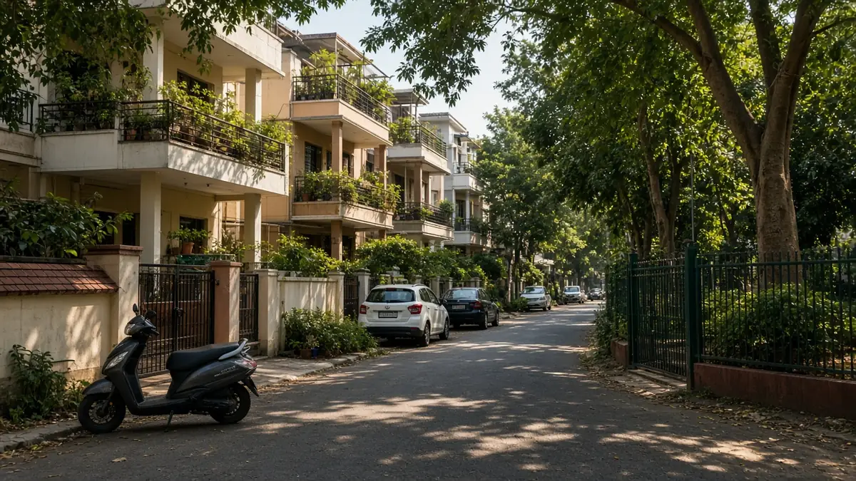 JP Nagar residential street with balconies, trees and a parked scooter