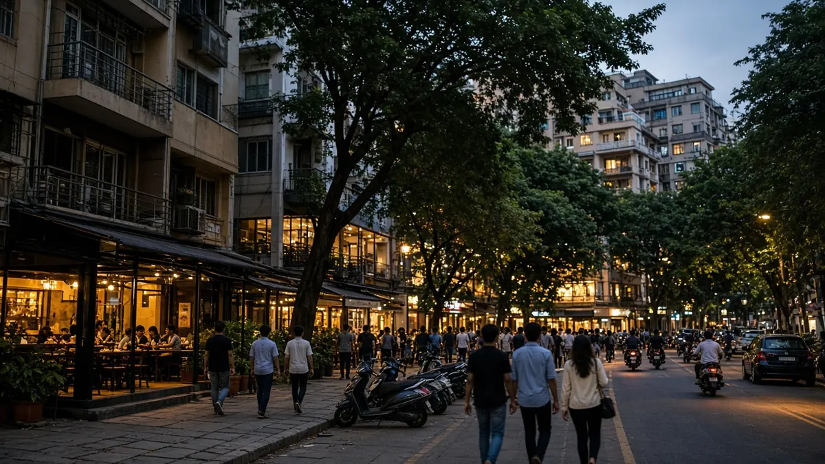Koramangala street with lit cafes and people walking in the evening
