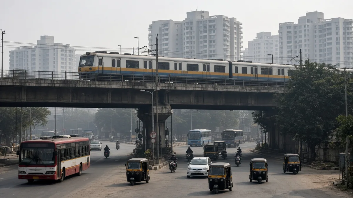 Metro train on a bridge over KR Puram traffic and buses