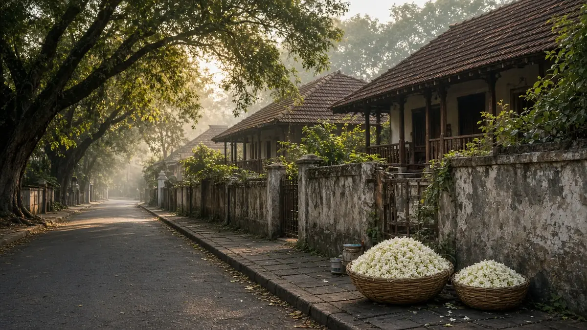 Malleshwaram lane with old tiled houses, big trees and baskets of flowers