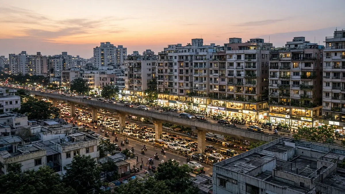Marathahalli seen from above at dusk with dense buildings and traffic
