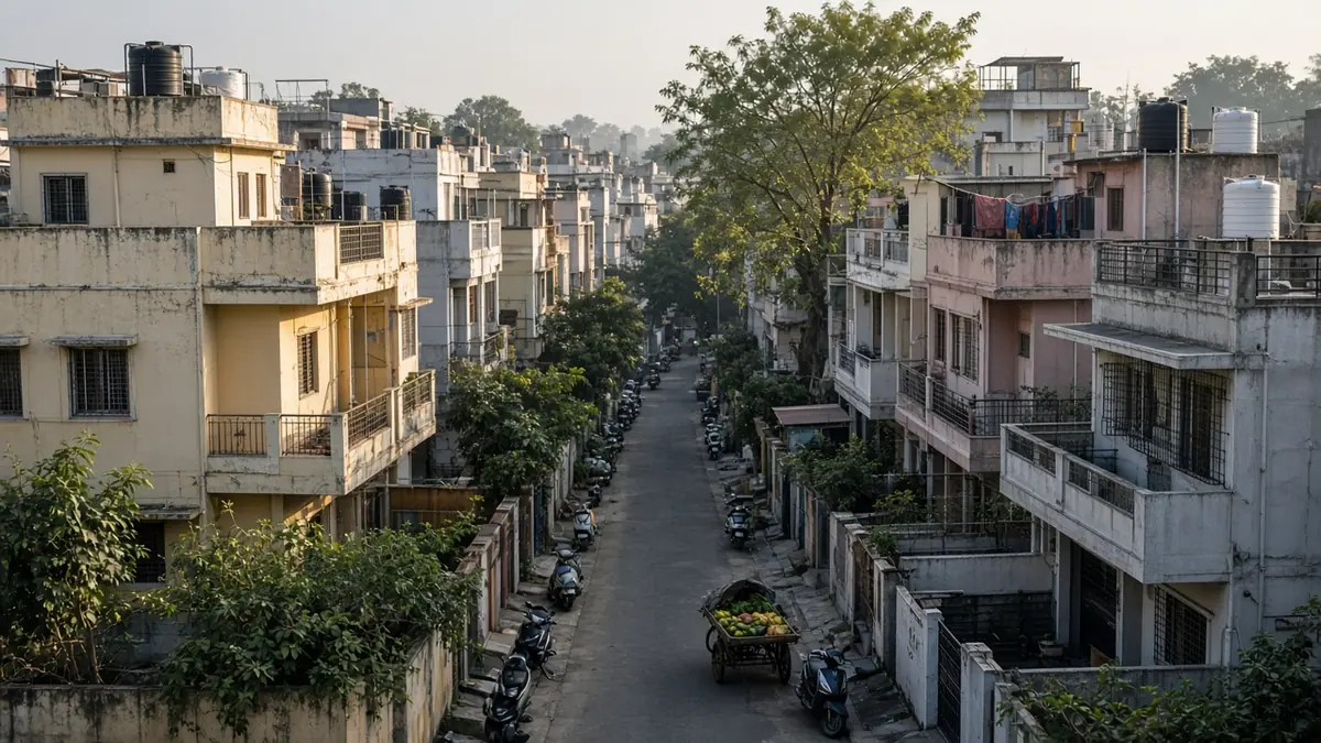 Narrow Rajajinagar lane with old multi-storey houses and balconies