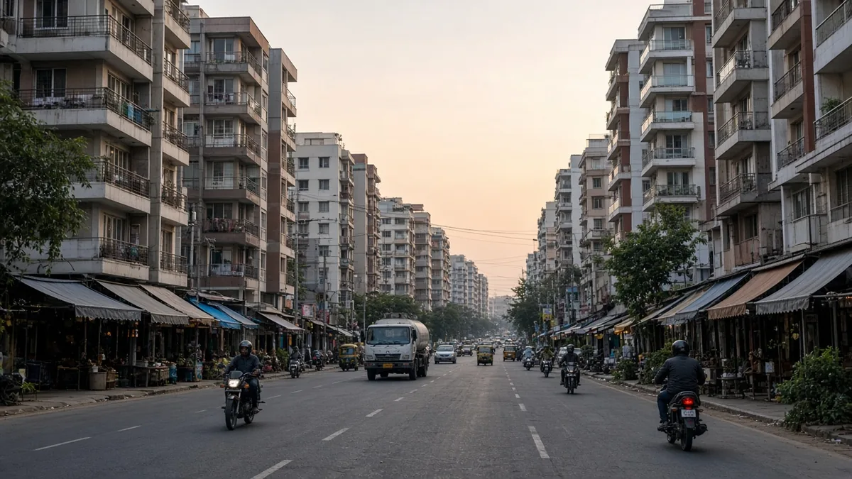 Busy Thanisandra main road lined with shops and apartments