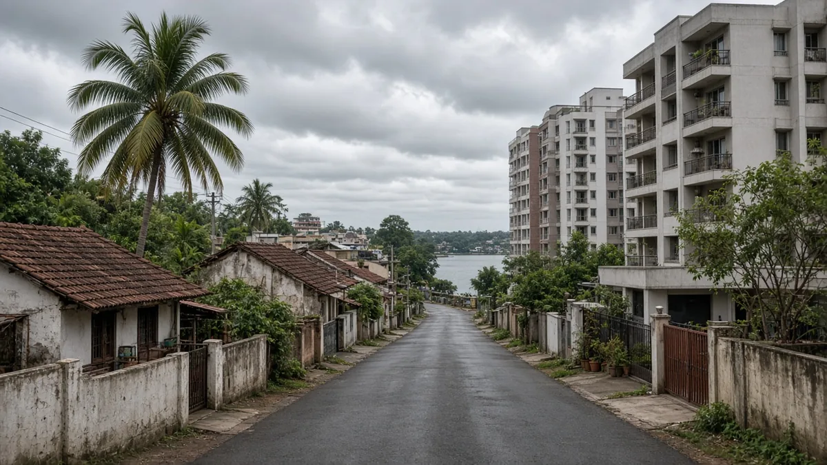 Narrow Varthur lane with tiled-roof houses and newer apartments