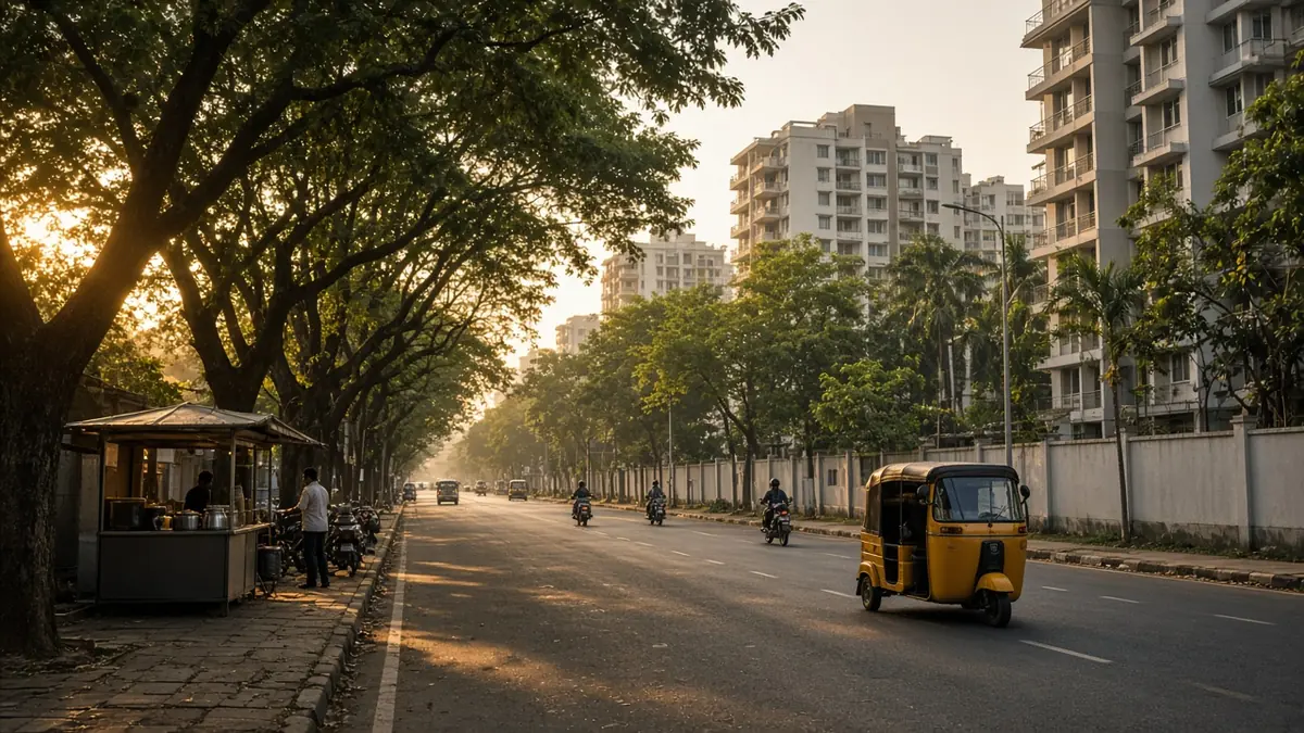 Tree-lined Whitefield road at sunset with an auto-rickshaw and apartment blocks