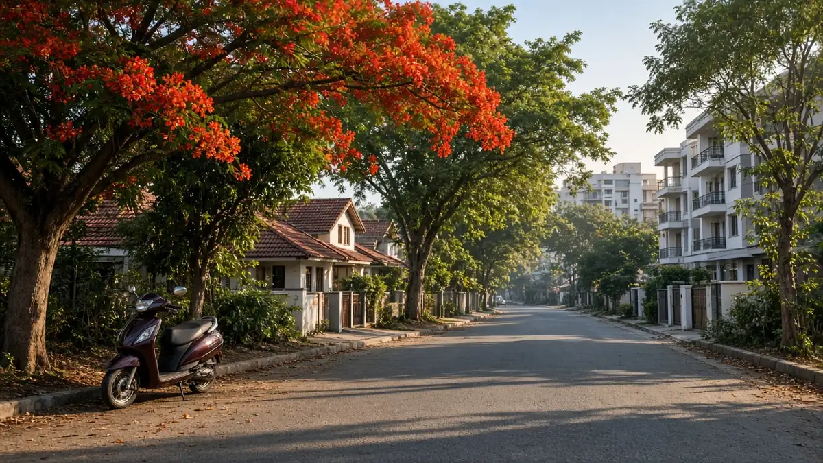 Quiet Yelahanka street with a flowering gulmohar tree and houses
