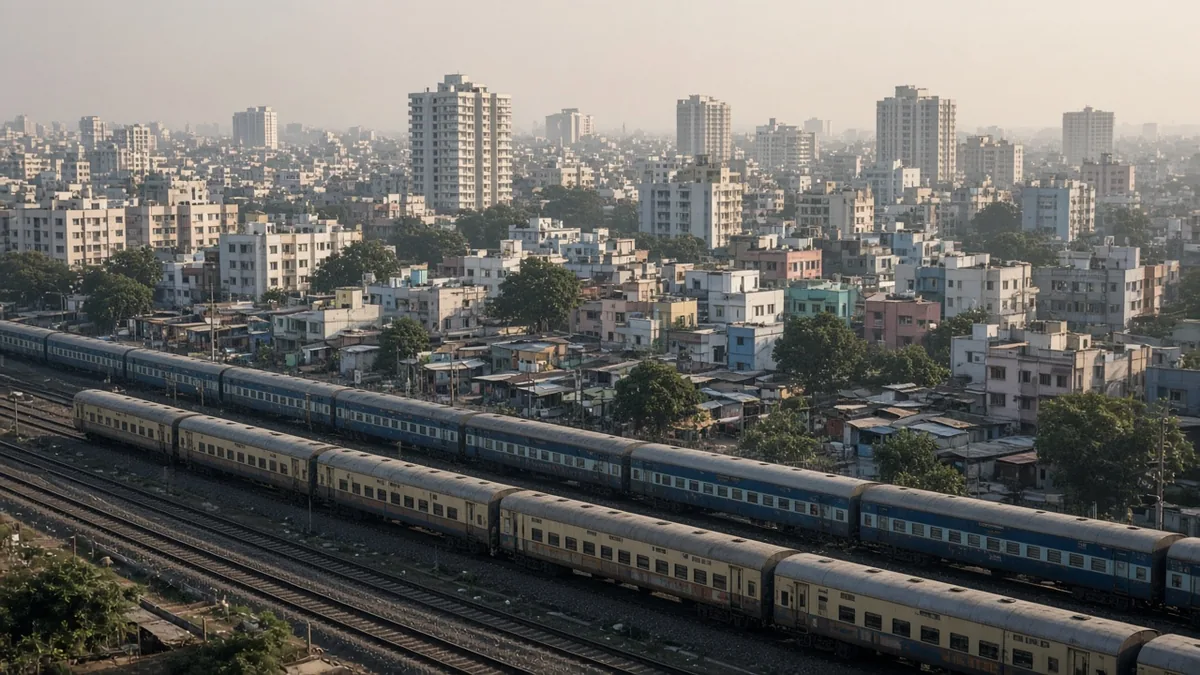 Yeshwanthpur rail yard with passenger trains beside dense housing