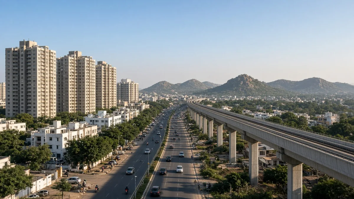 Kanakapura Road with an elevated metro line, apartments and distant hills