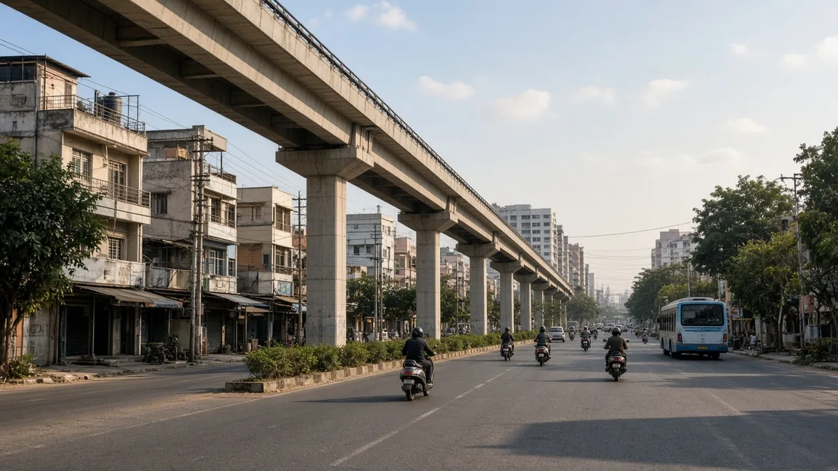Mysore Road under the elevated metro line with scooters and buses