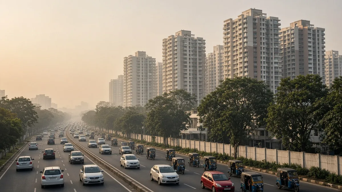 Busy Sarjapur Road traffic beside high-rise apartment towers