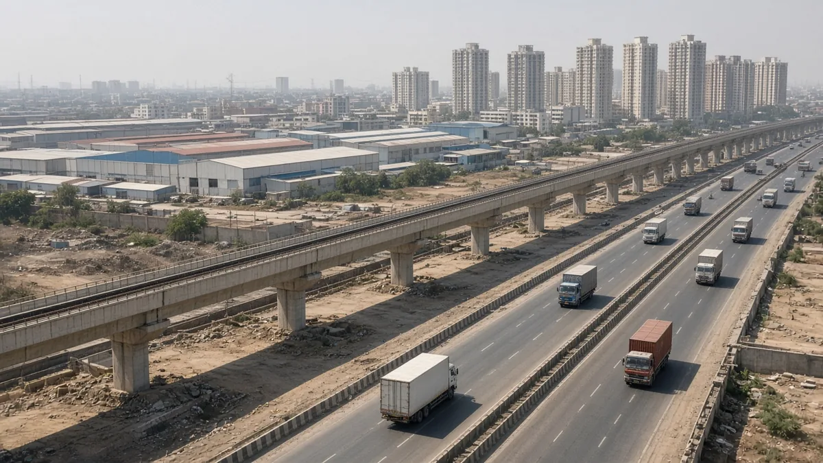 Tumkur Road elevated highway past industrial sheds and apartment towers