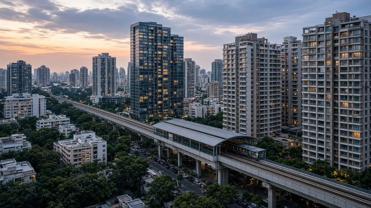 Dense apartment buildings clustered around an elevated metro line in Bengaluru