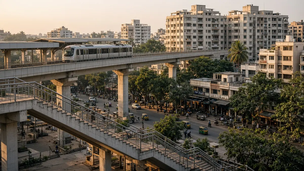 Elevated metro viaduct running past apartment buildings in Bengaluru