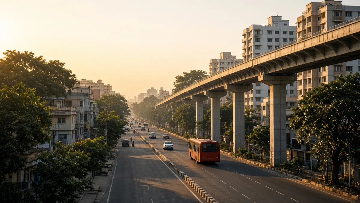 Mysore Road with metro viaduct, bus and apartment towers