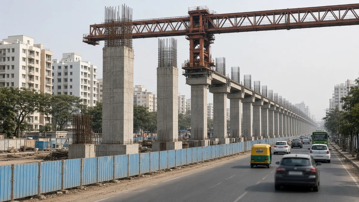 Metro viaduct under construction with a launching girder over traffic