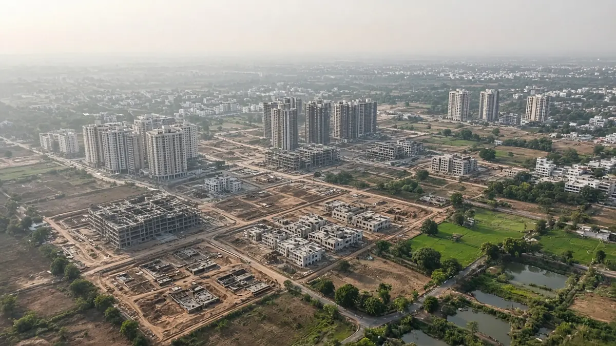 Aerial view of new layouts and apartment projects on the city edge