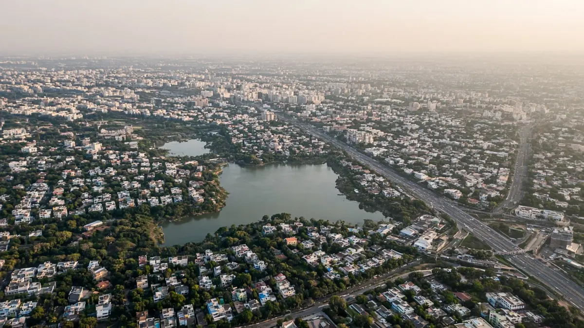 Aerial view of north and east Bengaluru with a lake and new housing