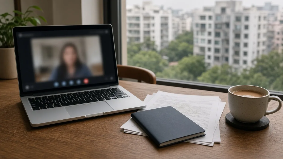 Laptop video call with a property adviser, notebook and coffee on a desk