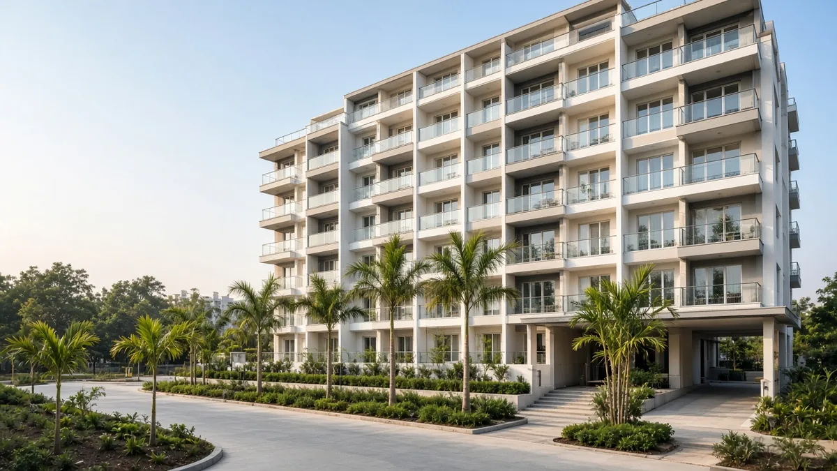 Completed mid-rise apartment block with palm trees and a driveway