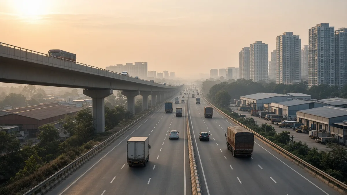 Old Madras Road highway with trucks under an elevated road near Hoskote