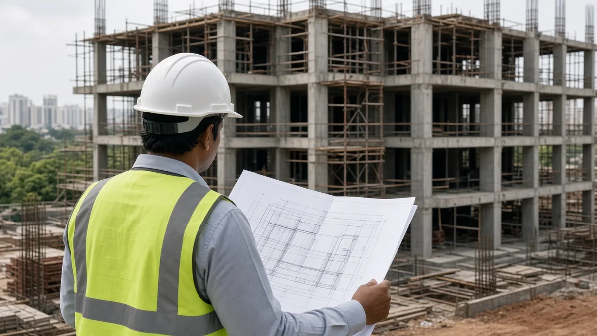 Site engineer in a hard hat reviewing drawings at a building under construction