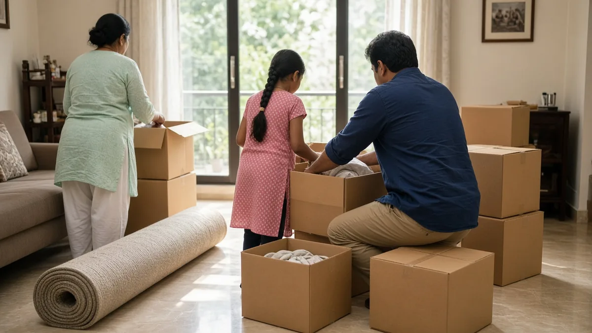 Moving boxes in an apartment as a family prepares to upgrade homes