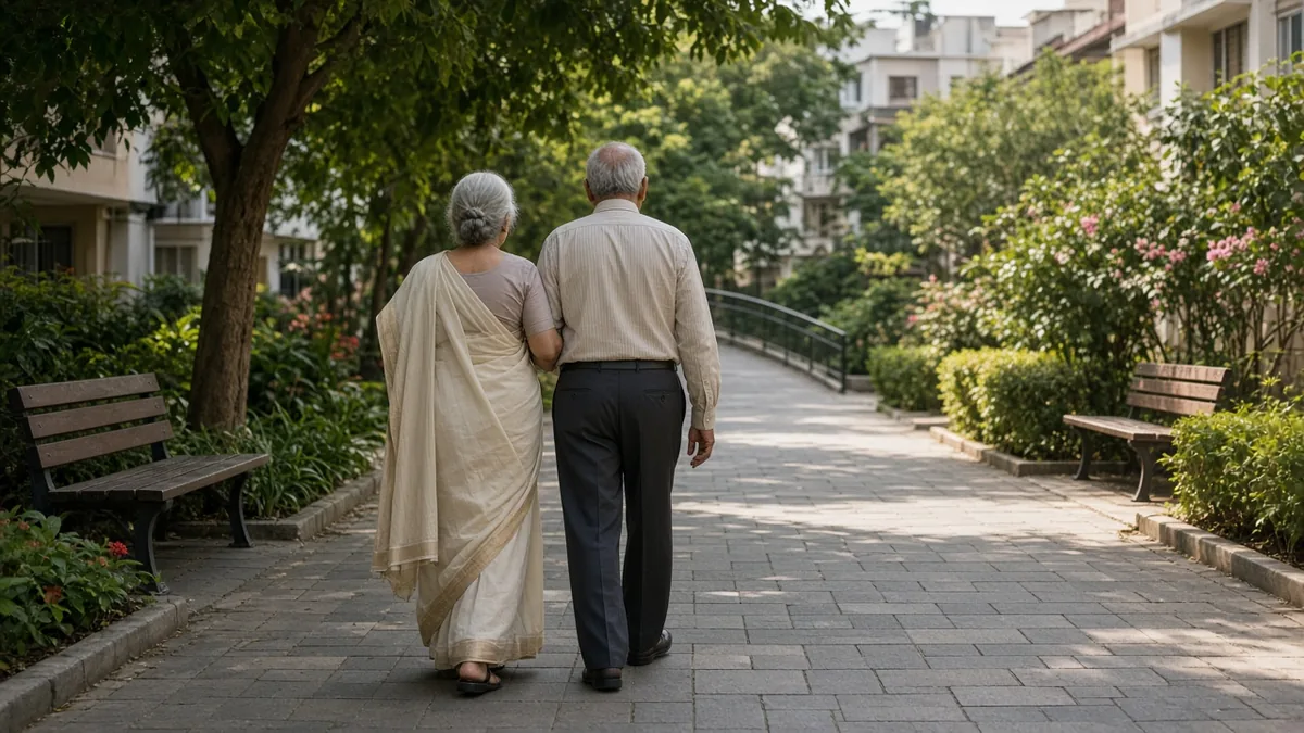 Elderly couple walking along a garden path in a quiet residential community