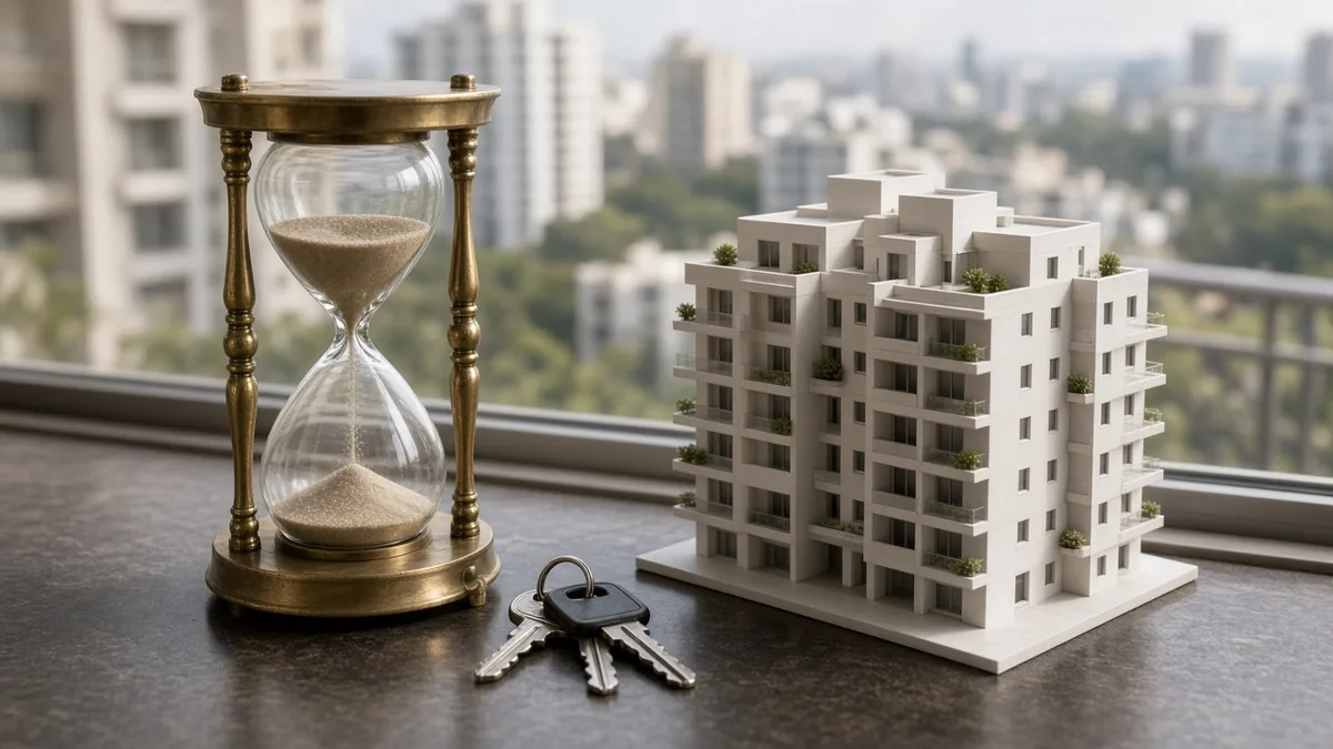 Hourglass beside house keys and a model apartment building