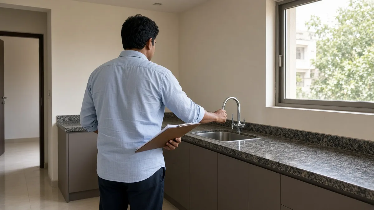 Buyer with a clipboard testing the kitchen tap during a site visit