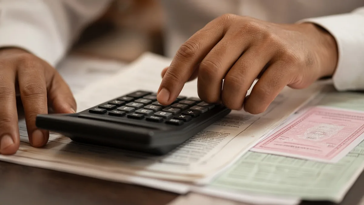 Hand using a calculator over stamp duty and registration papers