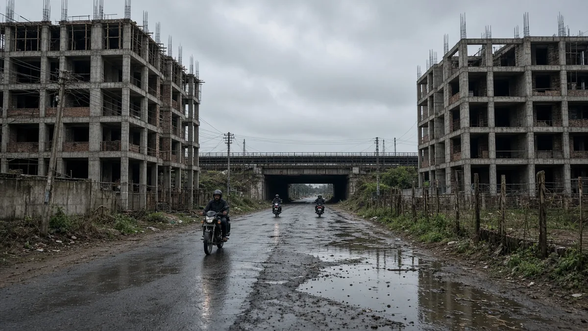Waterlogged road between half-built blocks in Varthur and Panathur