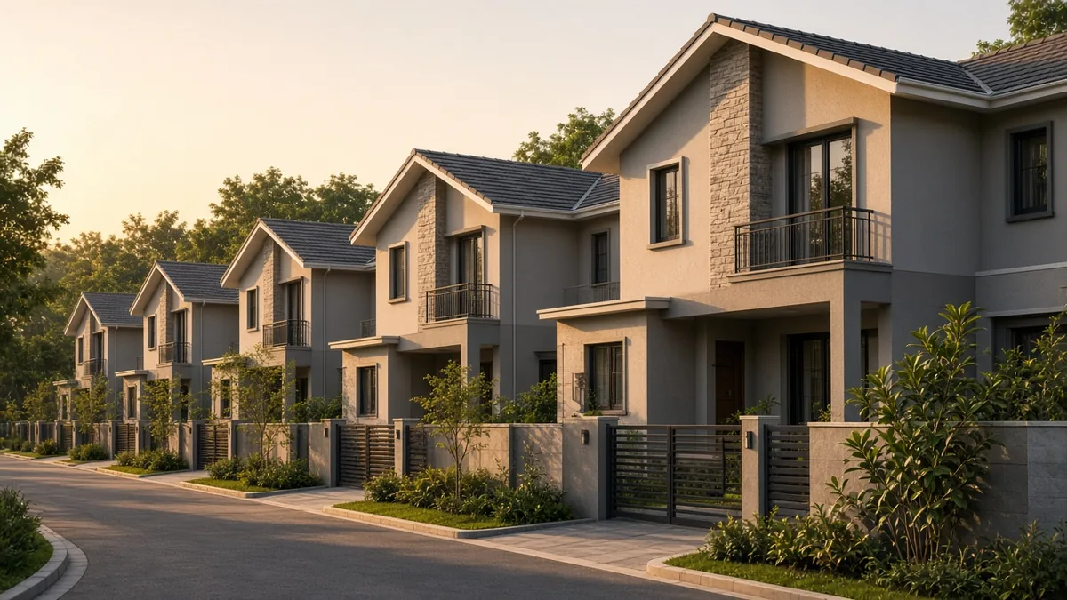 Row of villa homes with gardens in a Bengaluru suburb