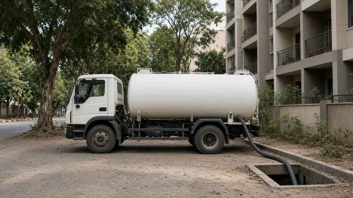 Water tanker filling a sump outside an apartment building