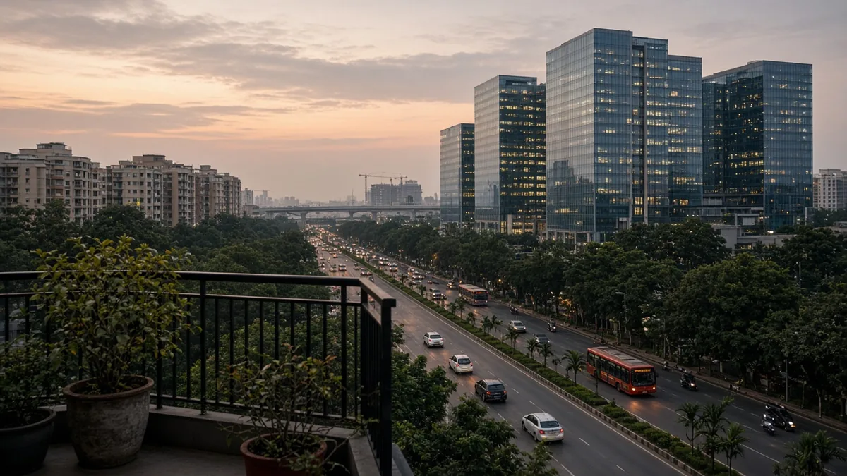Evening view from a balcony toward office towers, apartment blocks and a busy Bengaluru arterial road