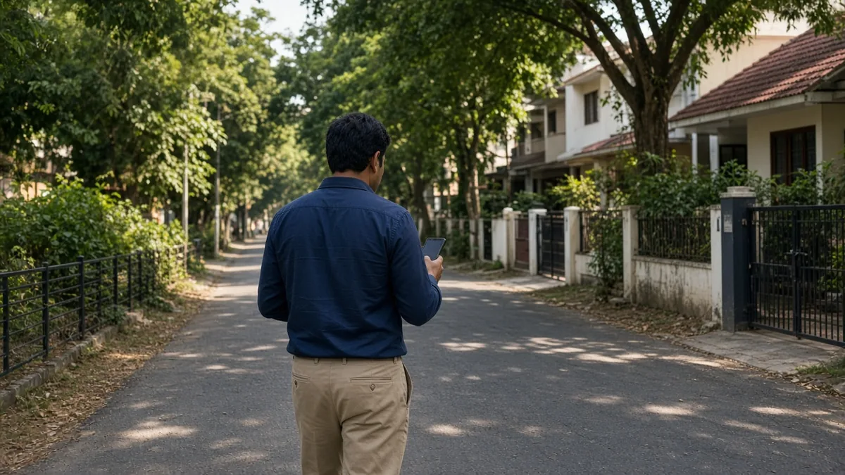 Man walking down a quiet leafy residential lane