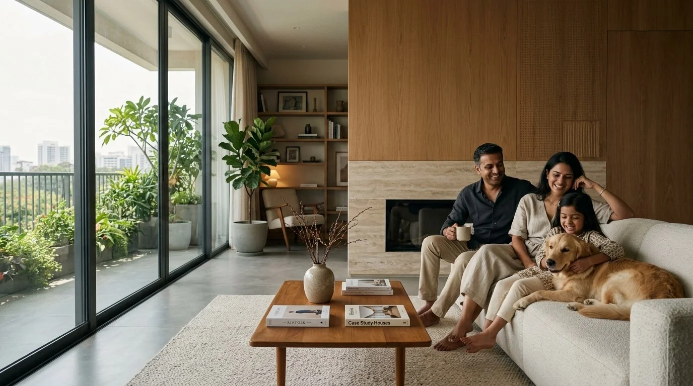 Affluent North Indian family enjoying Bangalore residential penthouse balcony view with Acre&Key home buyer advisory