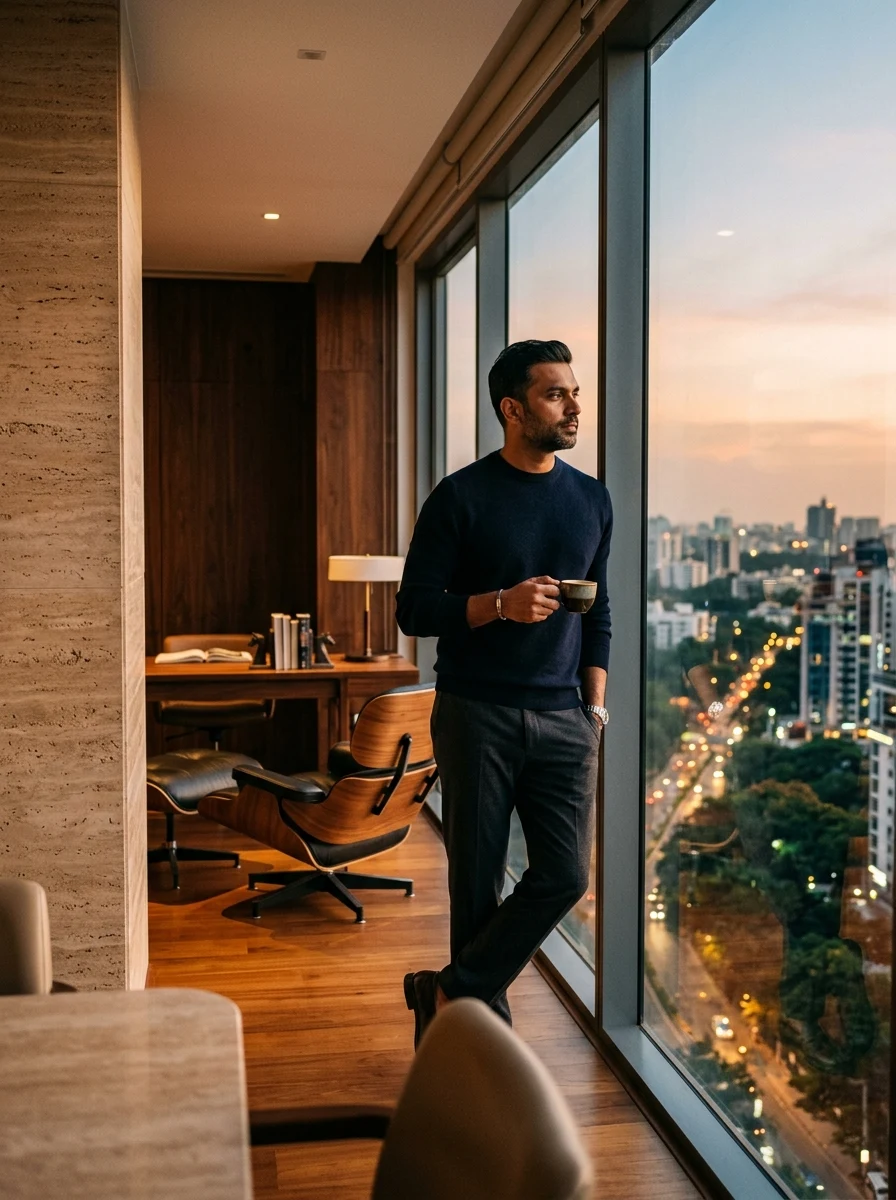 Senior corporate executive in luxury Bengaluru penthouse study overlooking skyline - Acre&Key